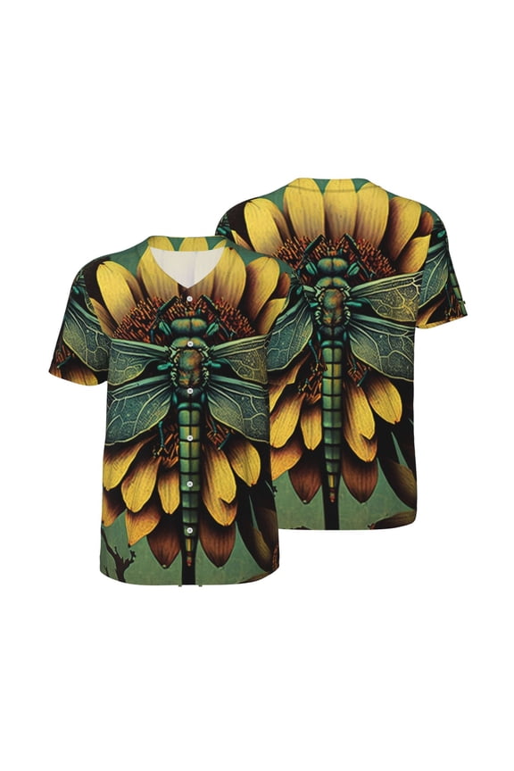 Mesh Baseball Jersey Button Down Short Sleeve T-Shirt Athletic Uniform, Retro Dragonfly Flower Art