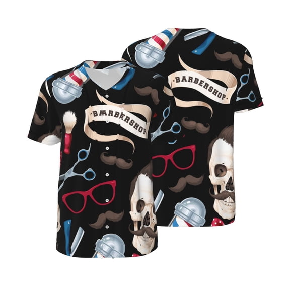 Mesh Baseball Jersey Button Down Short Sleeve T-Shirt Athletic Uniform, Skull Barber Shop Color Scissors