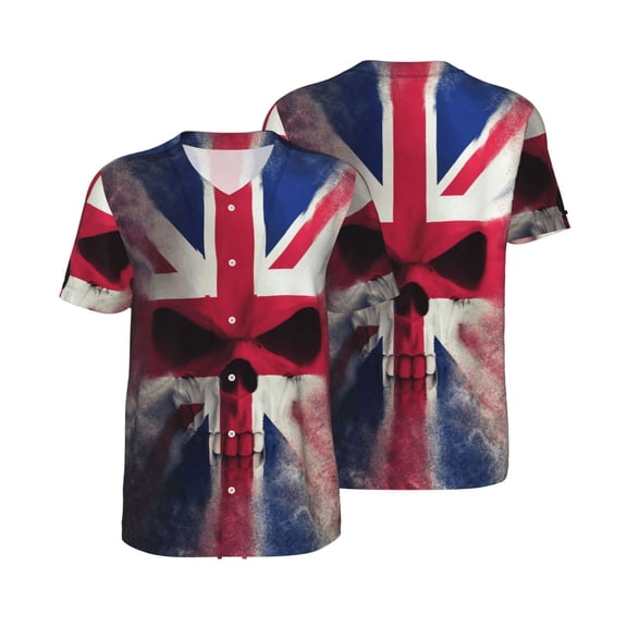 Mesh Baseball Jersey Button Down Short Sleeve T-Shirt Athletic Uniform, Skull Face Union Jack Uk Flag