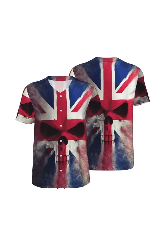 Mesh Baseball Jersey Button Down Short Sleeve T-Shirt Athletic Uniform, Skull Face Union Jack Uk Flag