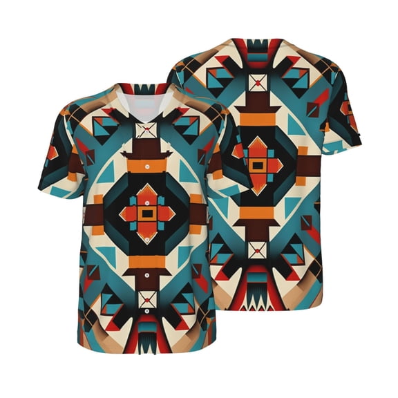 Mesh Baseball Jersey Button Down Short Sleeve T-Shirt Athletic Uniform, Southwestern Native American Geometric