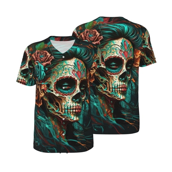 Mesh Baseball Jersey Button Down Short Sleeve T-Shirt Athletic Uniform, Sugar Skull Zombie Rose