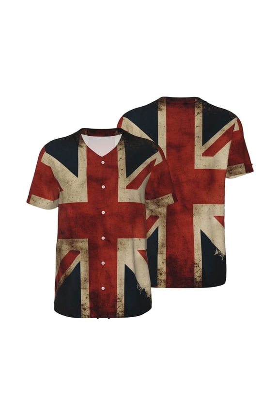 Mesh Baseball Jersey Button Down Short Sleeve T-Shirt Athletic Uniform, Union Jack Flag Vintage UK