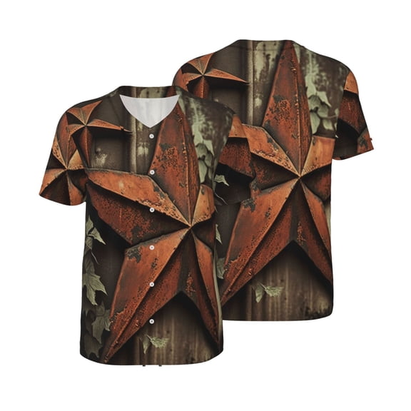 Mesh Baseball Jersey Button Down Short Sleeve T-Shirt Athletic Uniform, Vintage Rusty Stars Primitive Country Rustic