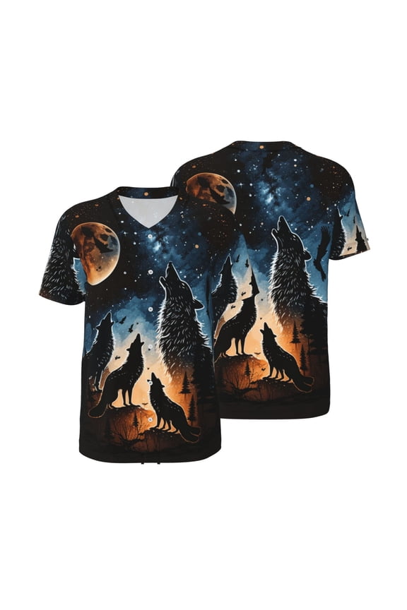 Mesh Baseball Jersey Button Down Short Sleeve T-Shirt Athletic Uniform, Wolf Howling Wolves Moon Night Stars