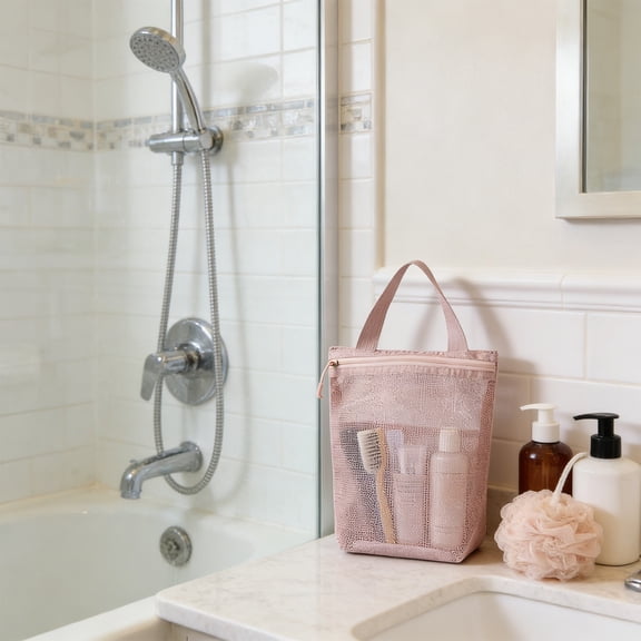 Mesh Bath Bag Portable Toiletries Organizer, Travel Wash Bag with Zippered Closure, Large Capacity Mesh Storage, Handheld Hanging Shower Caddy Case