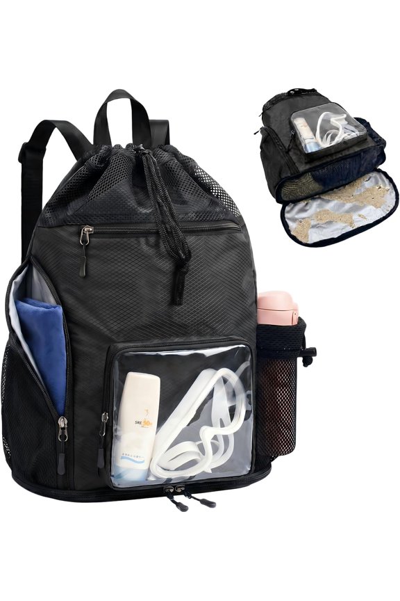 Mesh Beach Backpack Sandproof Drawstring Backpack with Tumbler Side Pockets Swim Bag for Pool Gym(Black)