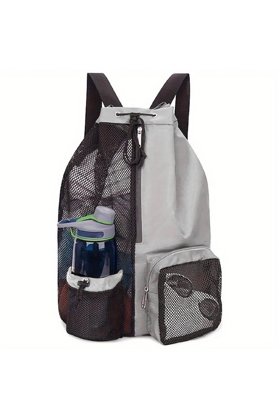 Mesh Beach Backpack with Wet Pocket Drawstring Pool Bag Waterproof Swimming Bag Gym Backpack for Men & Women, Light Gray