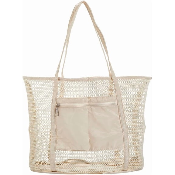 Mesh Beach Bag Beach Tote Bag With Zipper Foldable Mesh Sand Free Handbag Vacation Essentials for Pool Travel and Family Vacation Ton Of Storage beige 16.54x13.78x7.09inch