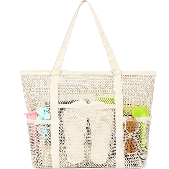 Mesh Beach Bag, Casual Womens Shoulder Handbag, Large Sandproof Beach Tote Bag for Pool/Travel/Vacation Essentials, Beige