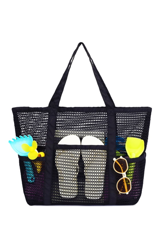 Mesh Beach Bag, Casual Womens Shoulder Handbag, Large Sandproof Beach Tote Bag for Pool/Travel/Vacation Essentials, Black