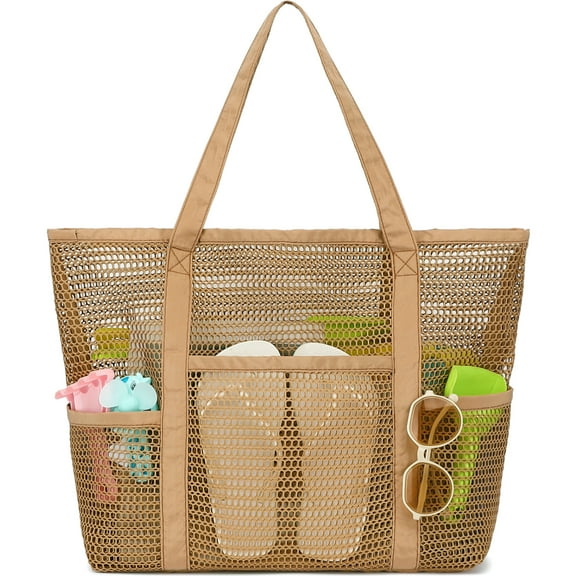 Mesh Beach Bag, Casual Womens Shoulder Handbag, Large Sandproof Beach Tote Bag for Pool/Travel/Vacation Essentials, Brown