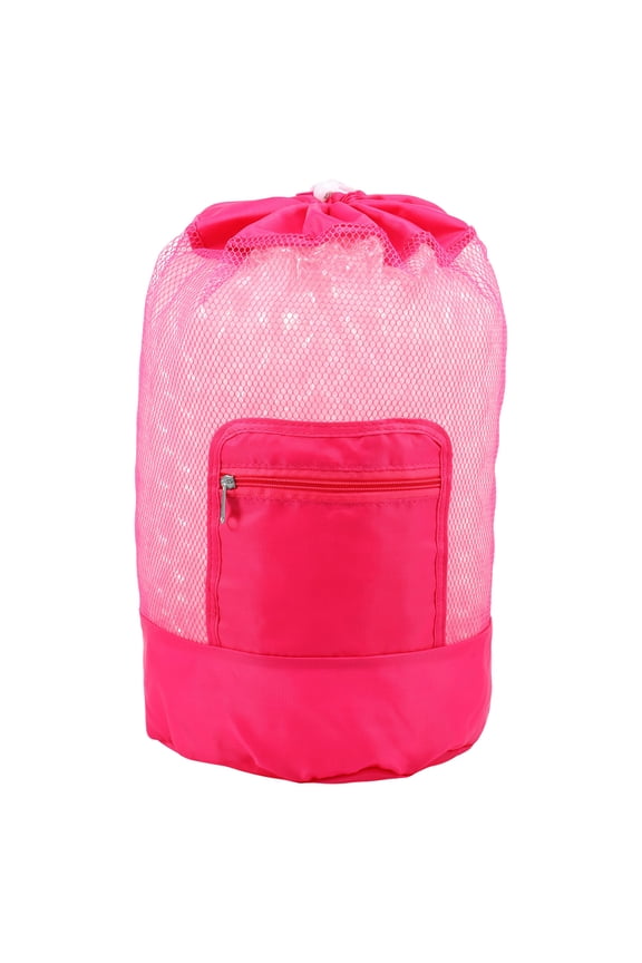 Mesh Beach Bag Foldable Portable Drawstring Beach Backpack Lightweight Toy Storage Bag with Zipper for Travel Gym Shopping