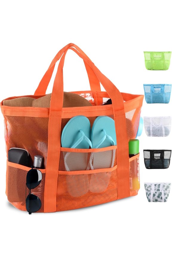 Mesh Beach Bag,Large Beach Bags for Women with 8 Pockets,Packable Tote Bag for Beach Cruise Pool Vacation Essentials