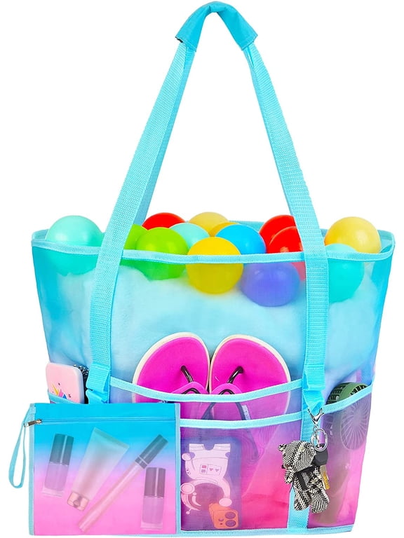 Mesh Beach Bag, Large Beach Tote Bag Women Pool Bags with Zipper 10 Pockets Foldable Women Beach Toy Bag for Toys, Towel