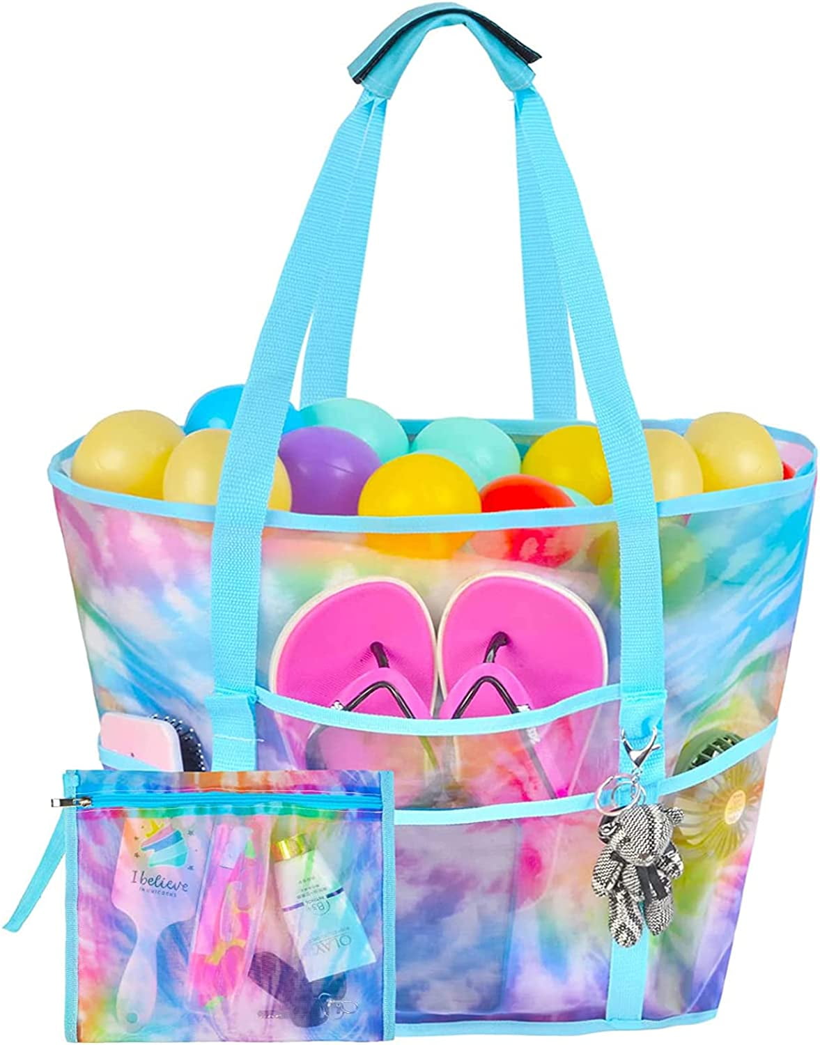 Mesh Beach Bag, Large Beach Tote Bag Women Pool Bags with Zipper 10 Pockets Foldable Women Beach