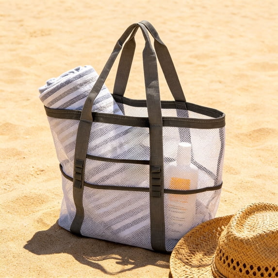 Mesh Beach Bag, Large Beach Tote Bags for Women Foldable Mesh Swimming Pool Bag with Mini Pockets - Sandproof, Waterproof