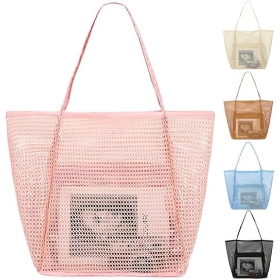 Mesh Beach Bag, Large Beach Tote with Zipper Pocket, Toys Pool Bag for Family Travel Vacation Cruise Essentials Simple Modern - Pink