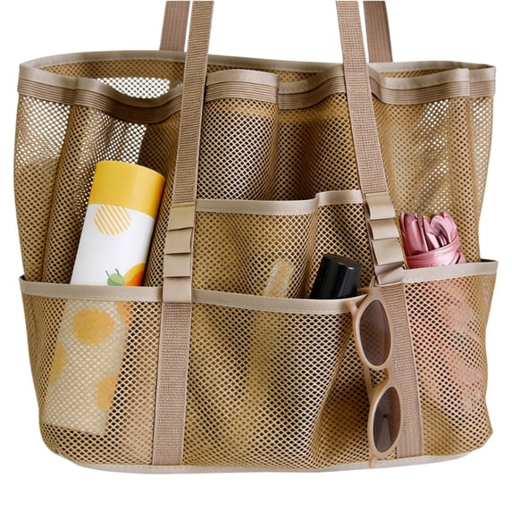 Adyehh Mesh Beach Bag, Large Beach Tote with Zipper Pocket, Toys Pool Bag for Family Travel Vacation Cruise Essentials, Coffee
