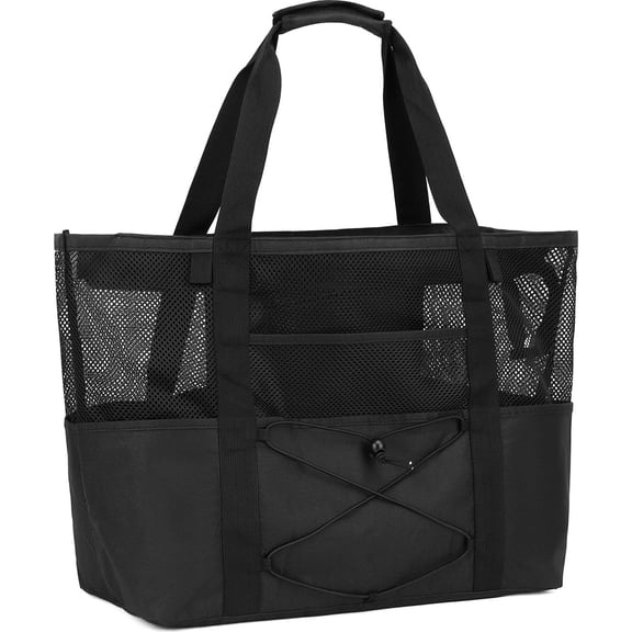 Mesh Beach Bag, Large Beach Tote with Zipper Pocket, Toys Pool Bag for Family Travel Vacation Cruise Essentials