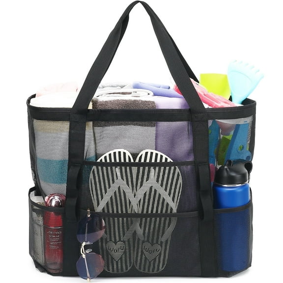 Mesh Beach Bag, Large Beach Tote with Zipper Pocket for Family Pool Bag for Toys & Vacation Essentials