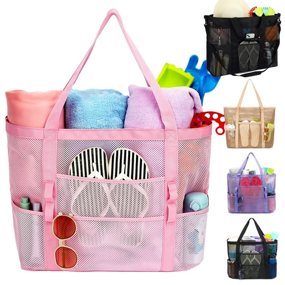 Mesh Beach Bag, Large Beach Tote with Zipper Pocket for Family Pool Bag for Toys & Vacation Essentials