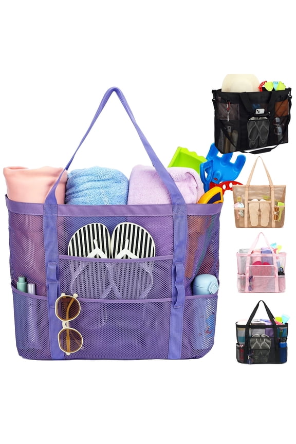 Mesh Beach Bag, Large Beach Tote with Zipper Pocket for Family Pool Bag for Toys & Vacation Essentials