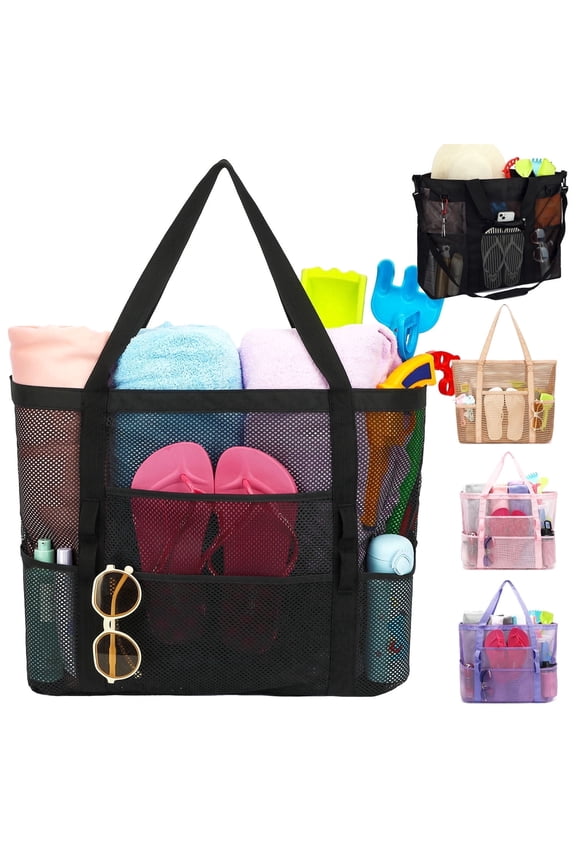 Large Foldable Mesh Beach Bag for Women & Girls,Sandproof Beach Tote Bag with Zipper Pocket,Mesh Swimming Bag,Toys Pool Bag for Family Beach Trip & Cruise Essentials,Black