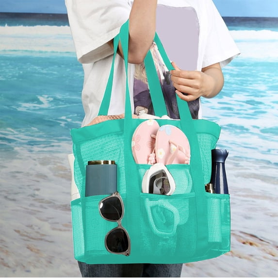 Mesh Beach Bag – Large Capacity Green Beach Tote for Women,Foldable Pool Bag with with Zipper & Mini Pockets,Sandproof Lightweight Quick Dry for Summer Travel Vacation & Cruise Essentials