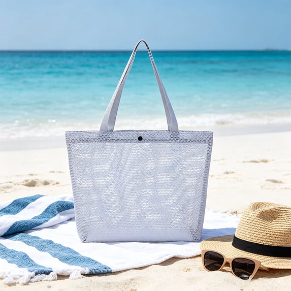Mesh Beach Bag, Lightweight Travel Tote for Pool, Gym, Grocery, Foldable Storage Bag with Carry Handles