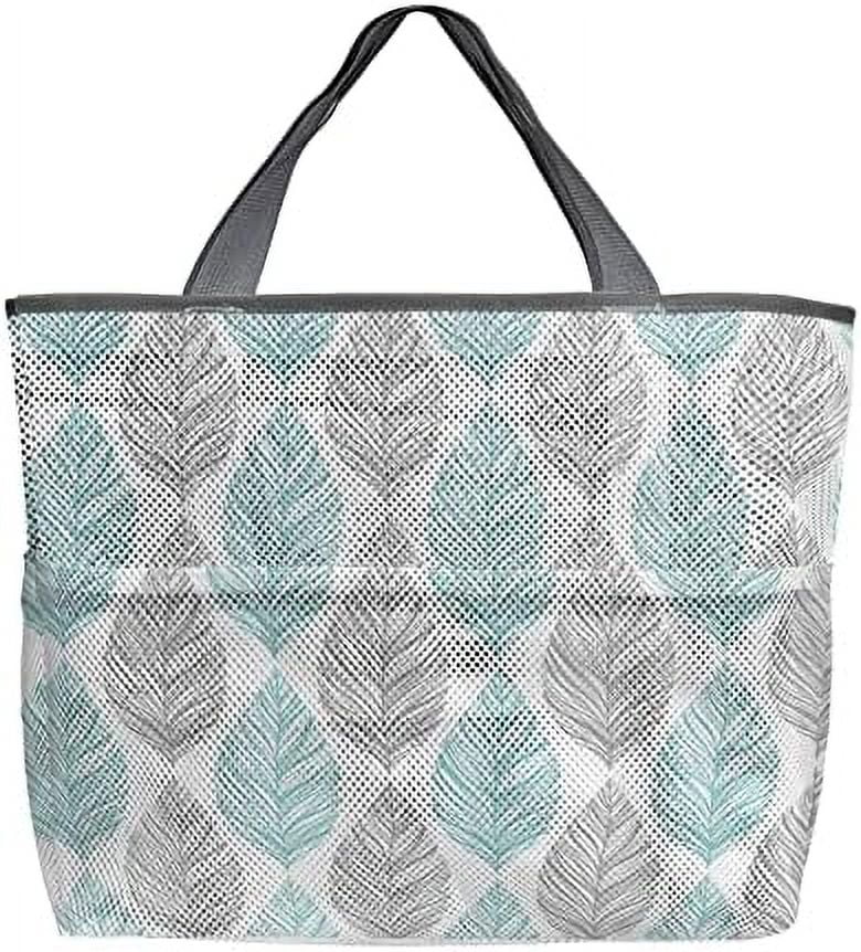 Mesh Beach Bag Oversized Tote Bags for Women Teal Gray Leaves Texture Seamless Large Travel Pool