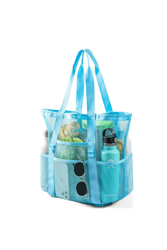 Large Mesh Beach Bags and Totes for Women Oversized Foldable Multiple Pockets 9 Small Pockets for Beach Picnic Camping (Blue)