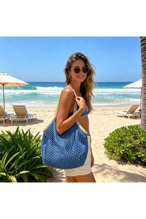 Mesh Beach Bag Tote with Lined Cotton Net, Strong Load-Bearing Shopping Shoulder Bag for Groceries, Travel and Summer Beach Days