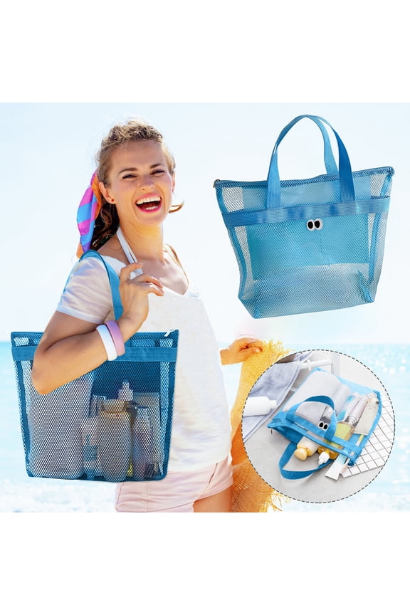 Mesh Beach Bag for Holding Toys Sand Towels Tote Seashell Collecting Swimming Accessories Waterproof Beach Tote Bag with Zipper