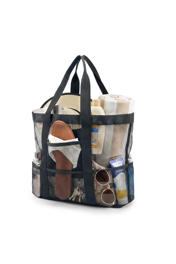 Mesh Beach Bag with Inner Zipper Pocket and Eight Outer Pockets, Oversized Beach Bags for Women, High-Quality Fabric Beach Tote for Picnic, Shopping, Sports, Toys, and Vacation Essentials, Large Capa