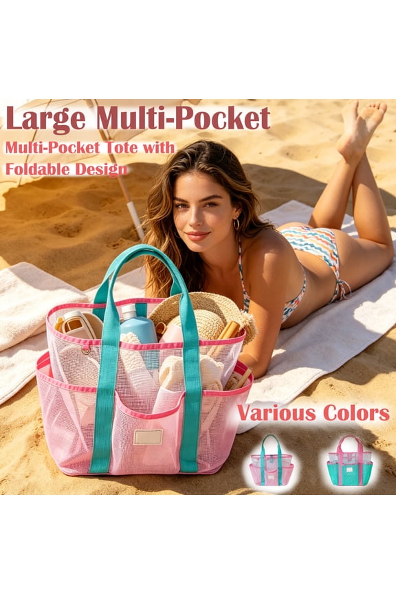 Mesh Beach Bag for Women, Large Multi-Pocket Tote with Foldable Design, Essential Handbag for Beach Cruise, Pool & Vacation by Topliu (Mint Green)