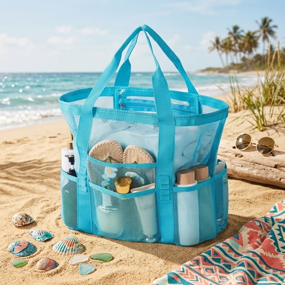 Mesh Beach Bag for Women,Large Tote Bag-Beach Essentials,SandProof for 2026 Family Travel Light Blue