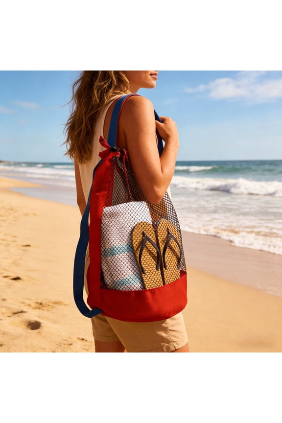 Mesh Beach Drawstring Backpack 19.3 Inch Quick Dry Sandproof Tote Bag with Side Pocket for Towels Shells Swimwear Lightweight Mesh Storage Bag for Beach Pool Camping Travel Use