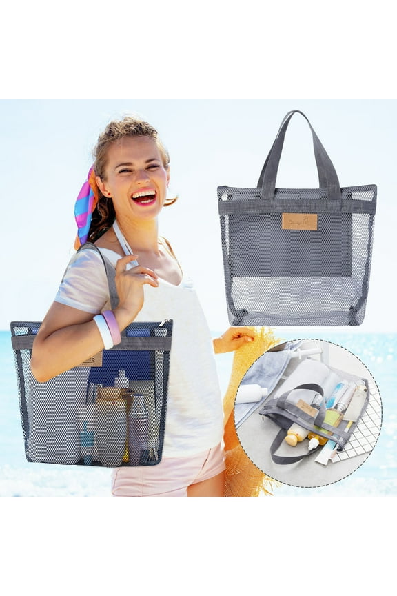 Mesh Beach Organizer Tote Bag, Quick-Dry Portable Waterproof Beach & Gym Caddy with Zipper Pockets