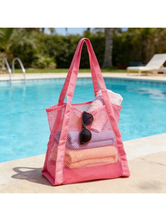 Mesh Beach Tote Bag, Drawstring Net Storage Carry Bag, Breathable Foldable Storage with Convenient Routine Handling for Beach Trips, Pool Days and Water Activities