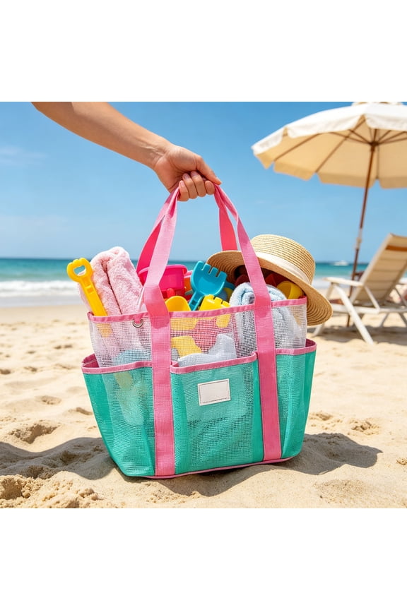 Mesh Beach Tote Bag, Large Capacity Foldable Bag with Multiple Pockets, Quick Dry Pool Bag for Women, Gym Travel Tote, Sandproof, Mint Green Pink
