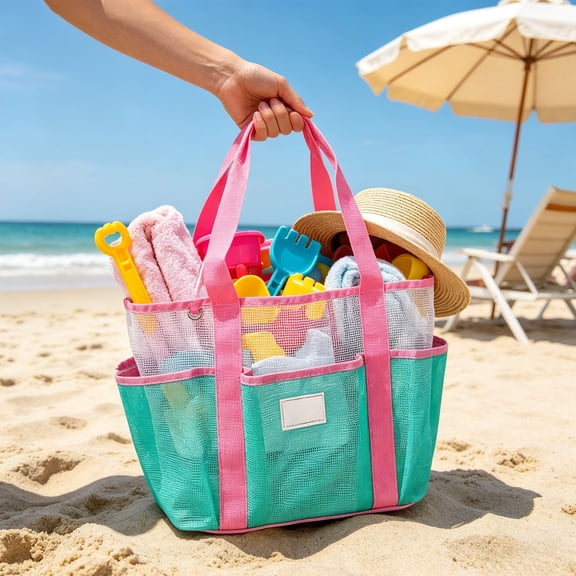 Mesh Beach Tote Bag For Women Large Beach Bag Quick Dry Sandproof Beach Tote With Multi Pockets Foldable Travel Beach Bag Swimming Pool Bag Gym Tote for Beach Vacation Travel Pool Shopping Summer