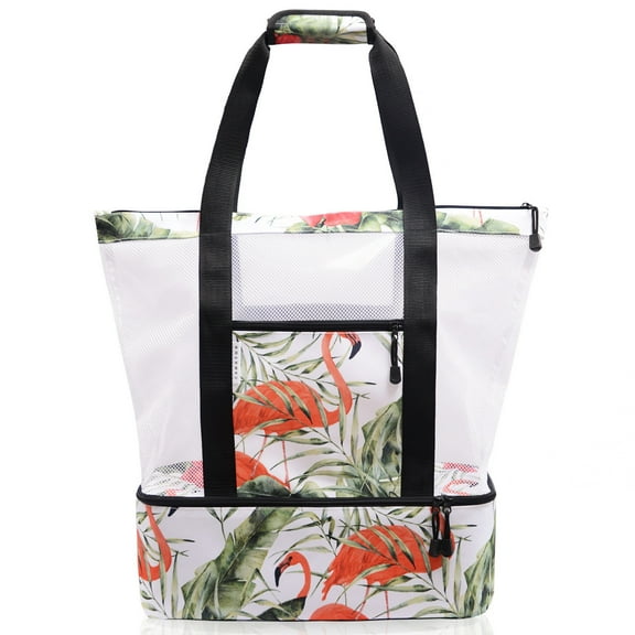 Mesh Beach Tote Bag with Cooler Compartment Insulated Detachable Picnic Bag with Zipper and Pocket Pool Bag for Women
