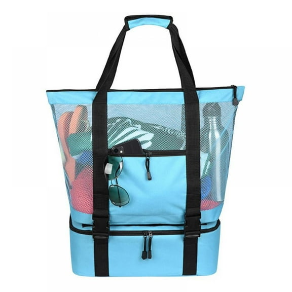 Mesh Beach Tote Bag with Cooler - Detachable Design with Picnic Cooler, Blue