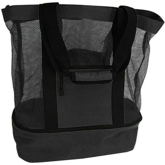 Mesh Beach Tote Bag with Detachable Insulated Beach Cooler Compartment Waterproof Sandproof Picnic Pool Bag, Black, Large