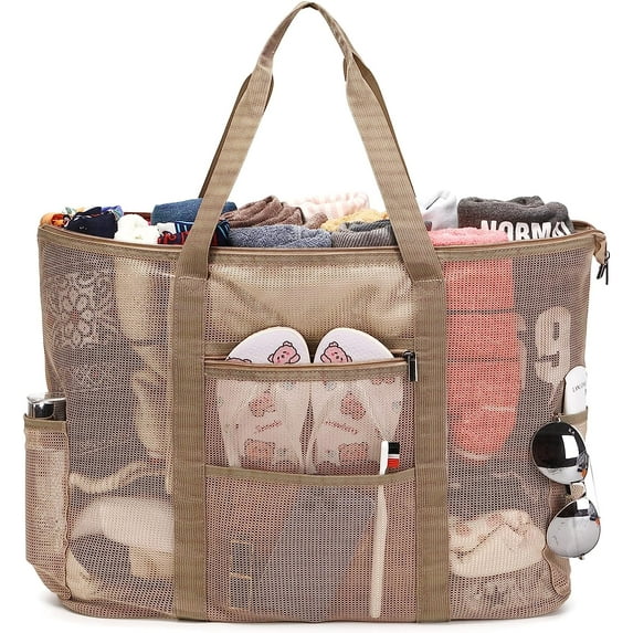 Mesh Beach Tote - Extra Large Beach Bag with 11 Pockets Foldable Tote Bag Women Oversized Pool Bag Travel Essentials