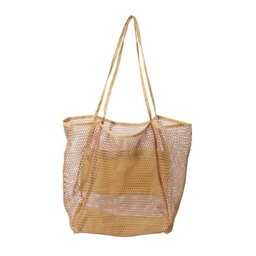 Mesh Beach Tote Portable Simple Tote for Fishing Vacation Swimming Khaki