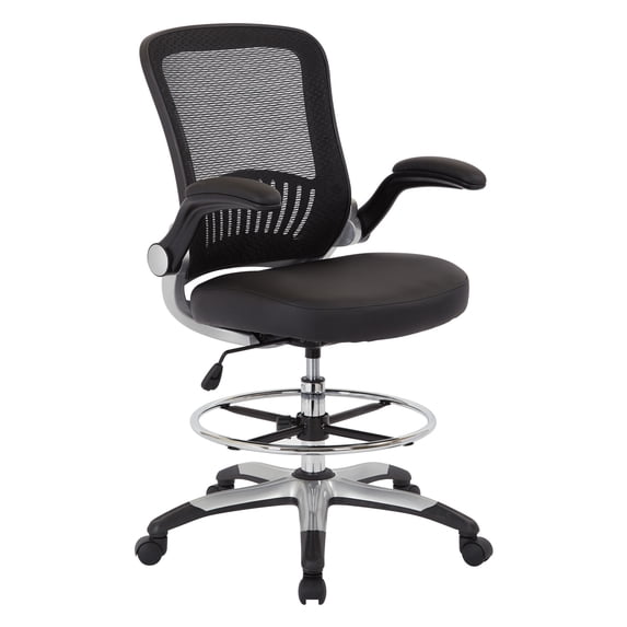 Mesh Black Back Fabric Drafting Chair Faux Leather Seat Adjustable Foot Ring