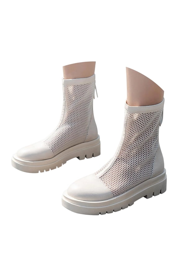 Mesh Boots for Women Platform Combat Mesh Booties Round Toe High Top Sandals Womens Back Zipper Dress Fishnet Boots