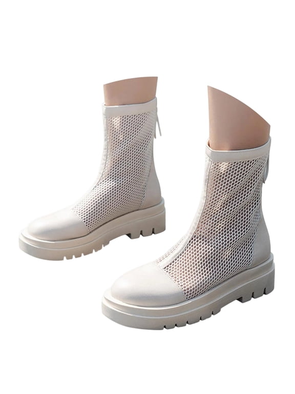 Mesh Boots for Women Platform Combat Mesh Booties Round Toe High Top Sandals Womens Back Zipper Dress Fishnet Boots
